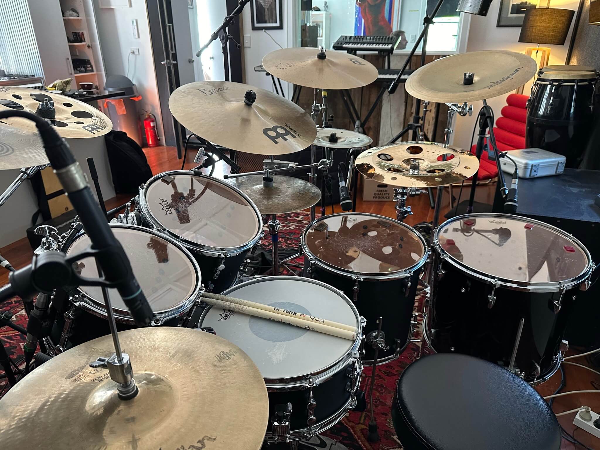 Omar's drums in the studio during recording sessions.